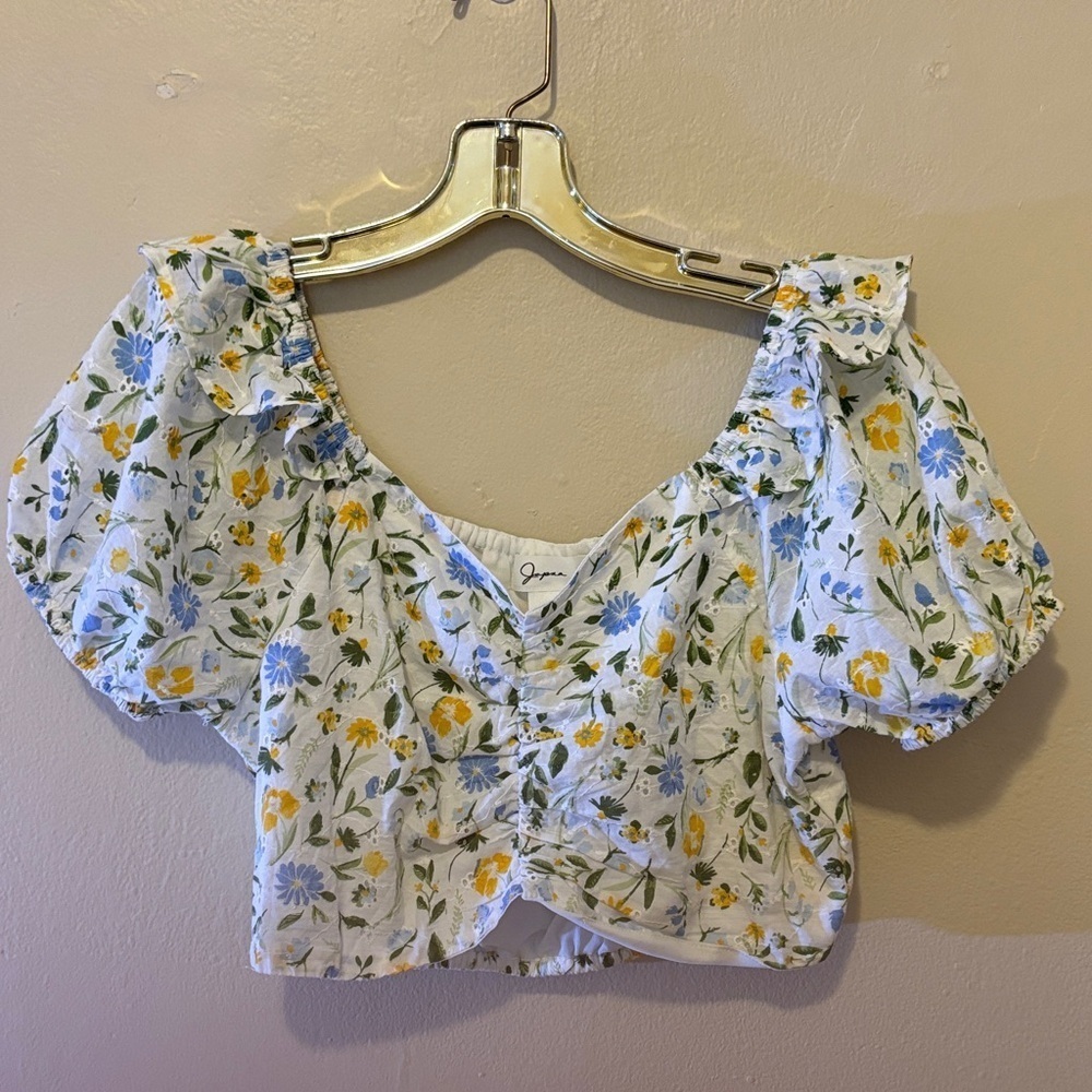 Japna Floral Puff Sleeve Blouse - White, Yellow, Blue